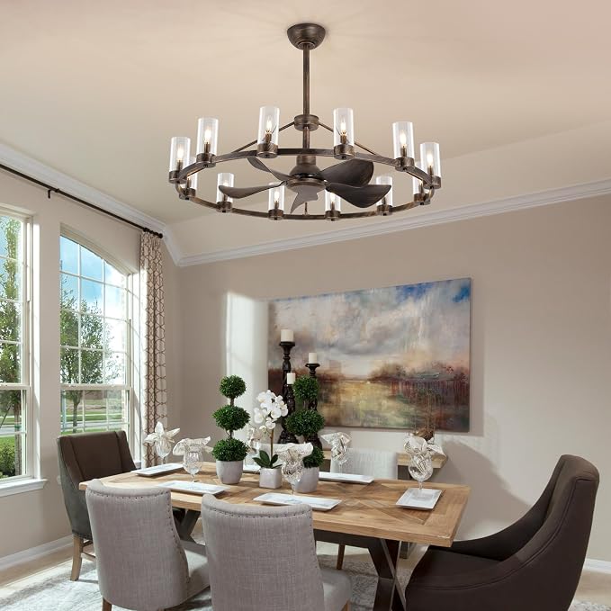 44" Wagon Wheel Chandelier Ceiling Fans with Lights and Remote with APP, 12-Lights Farmhouse Fandelier Fans with Glass Shade, Antique Bronze Lighting Fixture for Dining Living Room, Kitchen Island