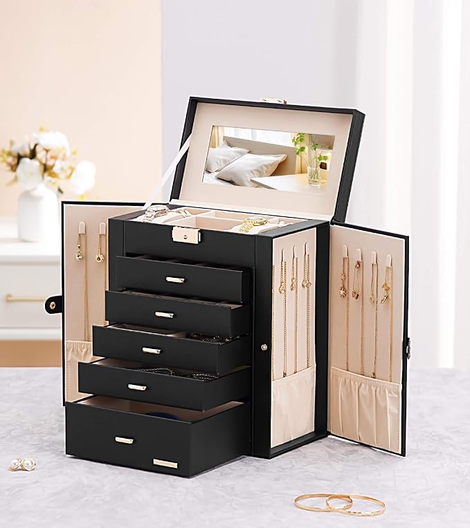 Homde Jewelry Box Large for Women: 6 Layers 5 Drawers Organizer with Mirror for Ring Earring Necklace - Storage Holder with Lock for Dresser - Ideal Gift Case (Black)