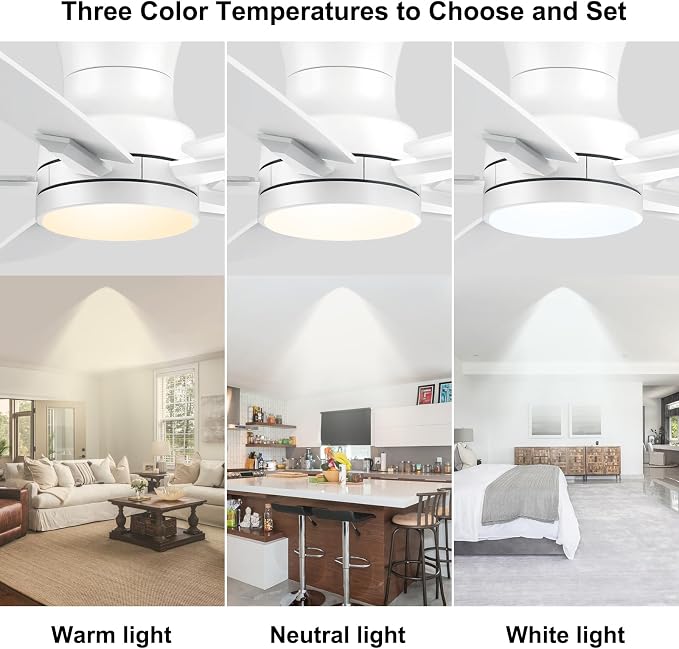 YUHAO 52 Inch Flush Mount White Ceiling Fan with Light and Remote Control.Noiseless,Dimmable,3CCT,6 Speeds Reversible, Low Profile DC Ceiling Fans for Indoor or Covered Outdoor Use,ETL Listed