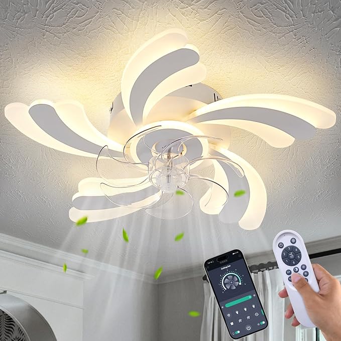 Low Profile Ceiling Fan with Remote & APP Control, Quiet Motor & Dimmable LED Light, White Flush Mount Ceiling Fan for Bedroom (6-Speed Timer)