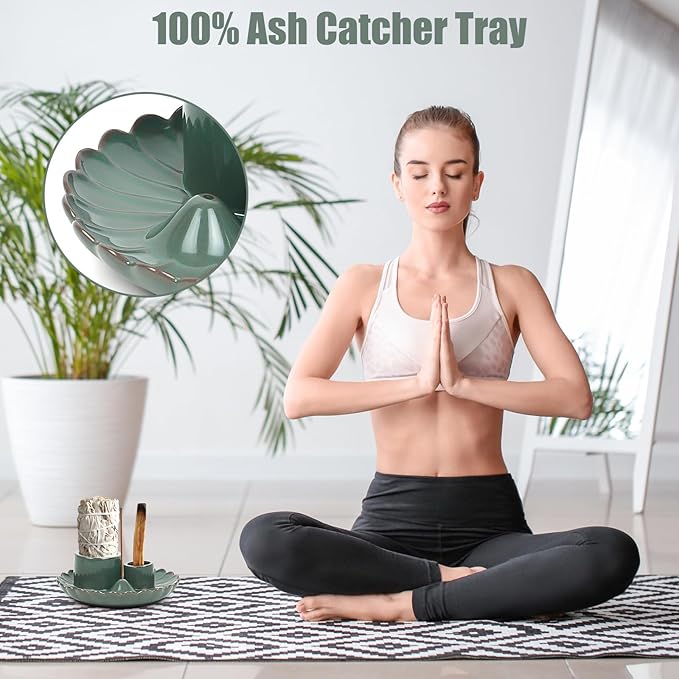 4 in 1 Incense Holder, Ceramic Incense Burner, Palo Santo Holder, Ash Catcher Tray for Meditation Room, Candle Holder for Burning Sage (Green)
