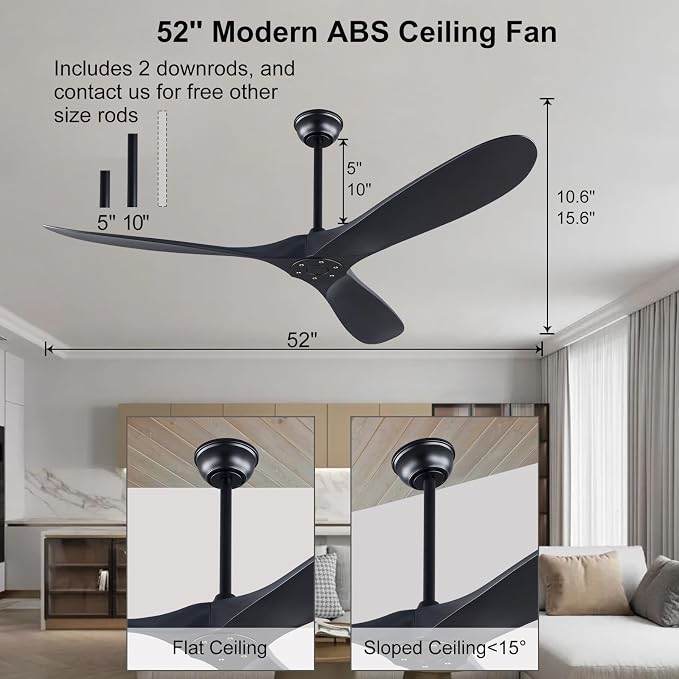 KBZZ Ceiling Fan No Lights 52" Outdoor Ceiling Fan for Patio, Modern ABS Ceiling Fan Damp Rated 3 Blade Large Airflow Indoor Outdoor Farmhouse Ceiling Fan for Exterior House Porch Gazebo