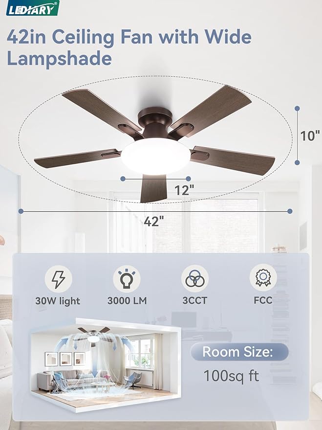 42 Inch Ceiling Fan with Lights and Remote, 30W 12" LED Panel Flush Mount Ceiling Fan, 6-Speed Quiet DC Motor Modern Low Profile Ceiling Fan with Reversible Blades for Bedroom, Living Room, Patio