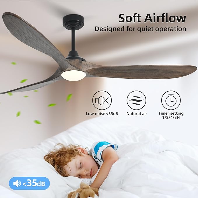 Ceiling Fan with Lights, 72'' Solid Wood Indoor/Outdoor Ceiling Fan with Quiet Reversible DC Motor, Compatible with Alexa/Google, 3CCT Dimmable, 6 Speeds Dark Brown Outdoor Fan for Patio Porch