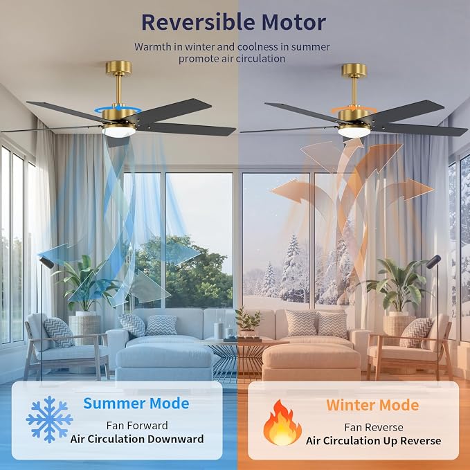 52 Inch Ceiling Fans with Lights and Remote for Bedroom Living Room Kitchen Home Office Indoor/Outdoor, 18W 3CCT Dimmable, Dual Color 5 Blades 6 Speed Reversible Quiet DC Motor, Gold/Wood Grain