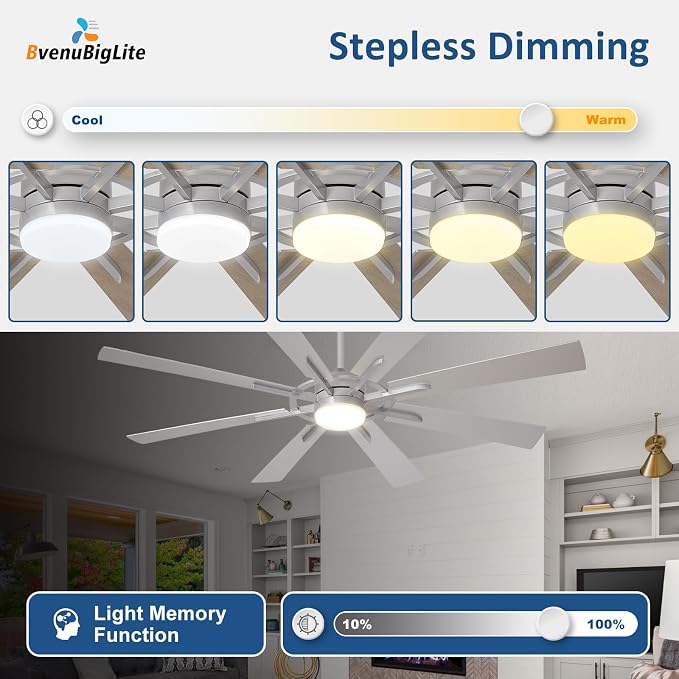 Large Ceiling Fans with Lights: Modern 66 Inch 8 Blade Outdoor Ceiling Fan with Remote APP Control - Dimmable Big Fan light Indoor Reversible 6 Speed Quiet DC Motor