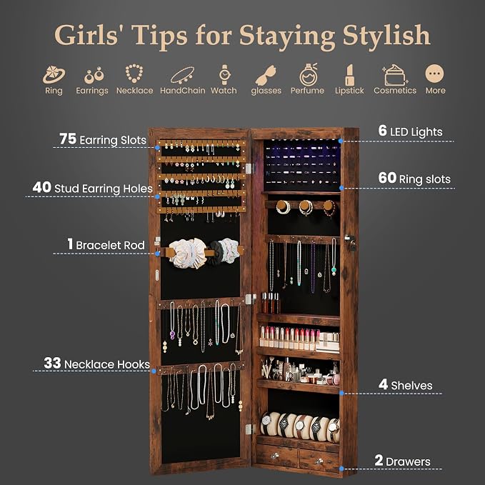 DUMOS 6 LEDs Mirror Jewelry Organizer Cabinet, Jewelry Armoire, 47.2 Inch | Hanging Door or Wall Mounted Mirror, Lockable, Large Capacity Cosmetic Storage, 2 Drawers, Gift Idea, Rustic Brown