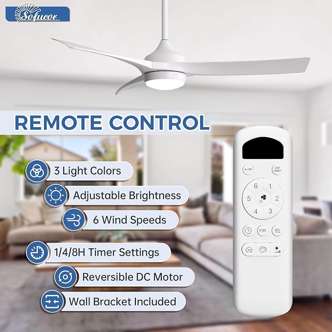 Sofucor 52 Inch Ceiling Fan with Light, Outdoor White Ceiling Fan with Lights Remote Control Airflow 6000CFM 3 CCT Dimmable 3-Timer ABS 3 Blades Reversible DC Motor for Living Room Bedroom Patio