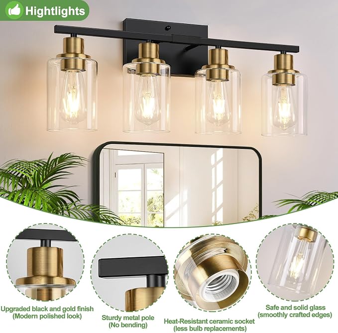 Indoi 4-Light Bathroom Light Fixtures, Black and Gold Modern Vanity Lights with Clear Glass Shades, Bathroom Wall Lamp for Mirror Living Room Cabinet Bedroom Porch