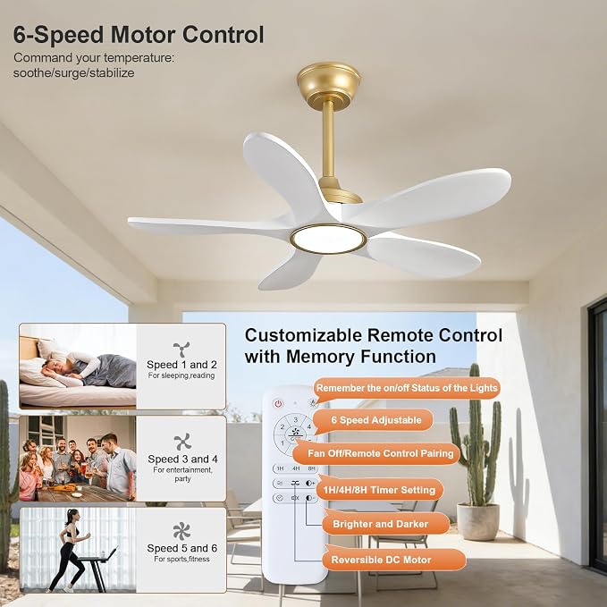 36 Inch White and Gold Ceiling Fans with Lights and Remote Control, Modern 3 Blade Wood Ceiling Fan, Small Outdoor Ceiling Fan with Light for Patio Farmhouse, Quiet DC Motor, Dimmable LED Light