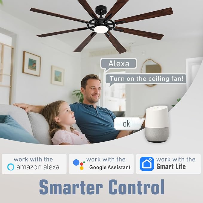 60 Inch Smart Ceiling Fan, Black Indoor/Outdoor Ceiling Fans with Lights and Remote, Compatible with Alexa/Google/App, 3CCT Dimmable 6 Speeds Timing for Living Room Bedroom Patio