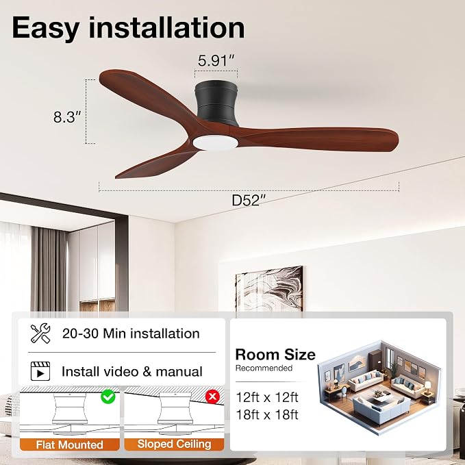 52” Wood Low Profile Ceiling Fans with Lights,Smart Control with Alexa App Remote,Outdoor Indoor Flush Mount Ceiling Fan for Modern Bedroom Patio,Brown Wood& Black,3 Blades,Dimmable,6 Speed,Noiseless