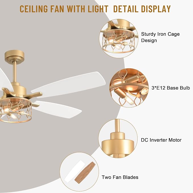 Farmhouse Caged Ceiling Fan with Light & Remote Control | Reversible Quiet DC Diamond Iron Cage Fan,6 Speed 1/2/4H Timer Dual-Sided Wood Blades with 2 Downrods for Living Room Bedroom