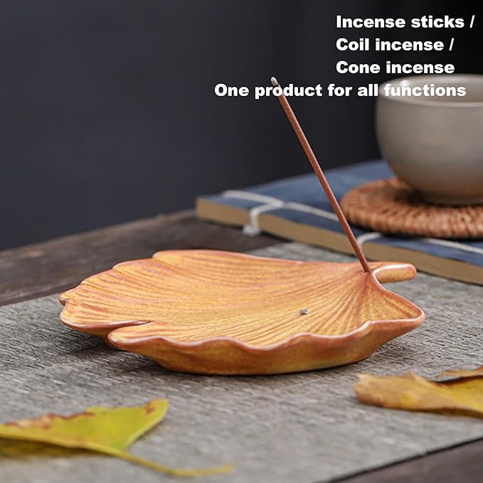 Ceramic Incense Holder,Incense Burner Tray for Sticks,Coil,Cone,Handcrafted Burner Ash Catcher for Yoga Meditation Energy Cleansing Room Décor (Orange, Ginkgo Leaf & Gourd)