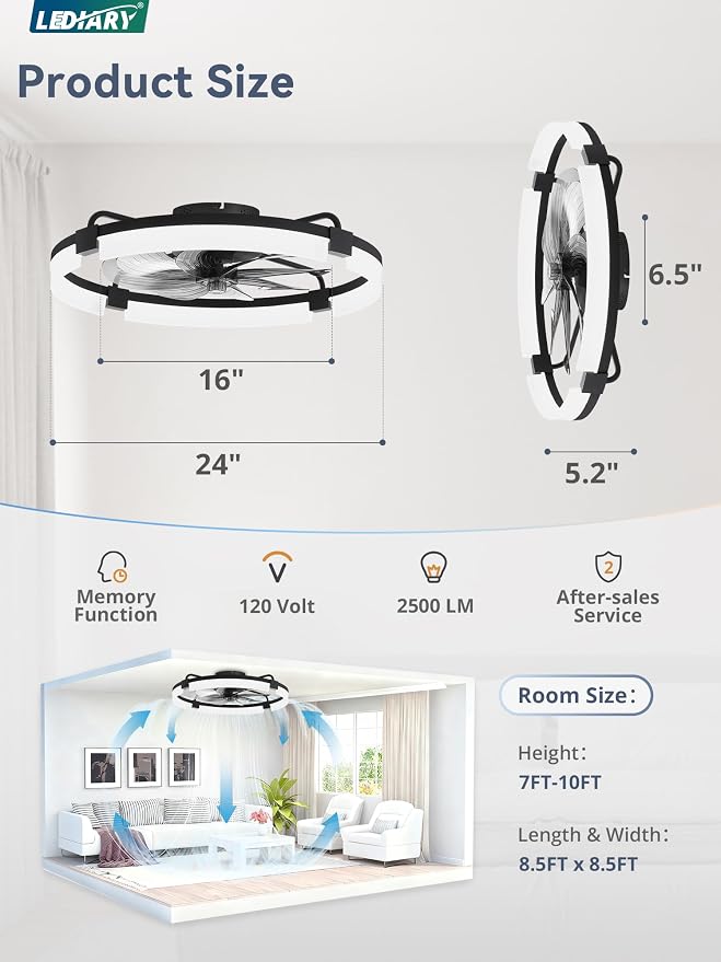 LEDIARY 24" Ceiling Fans with Lights and Remote, Modern Low Profile Ceiling Fan, 3 CCT, Stepless Dimmable, Fandelier Flush Mount Fan Light, 6 Speeds, DC Motor, App & Remote Control for Bedroom(Black)
