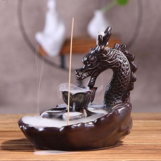 Dragon Incense Waterfall Burner Ceramic Backflow Incense Holder Set with Incense Cones and Incense Sticks, Dragon Ornament for Home Décor
