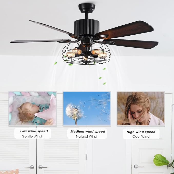 Industrial Caged Ceiling Fan Light with Remote Control 52 Inch Vintage Ceiling Fan Light Farmhouse Black Retro Indoor Fandelier with 5 Reversible Wood Blades for Living Room Bedroom
