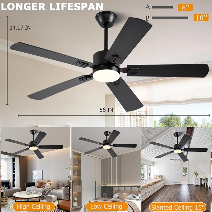 FUMLTP 56 inch Black Ceiling Fans with Lights and Remote/App Control, DC Reversible Motor, Noiseless, Dimmable, 6 Speeds Low Profile Modern Ceiling Fan for Livingroom, Indoor/Outdoor Use