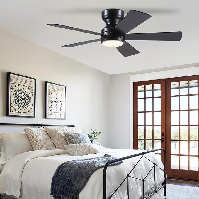 Black Ceiling Fans with Lights - 46" Flush Mount Ceiling Fan with Remote and 5 Reversible Blades, 3CCT Dimmable, 6 Wind Speeds&2H Timer, Indoor Low Profile Fan Light Fixture for Modern Bedroom