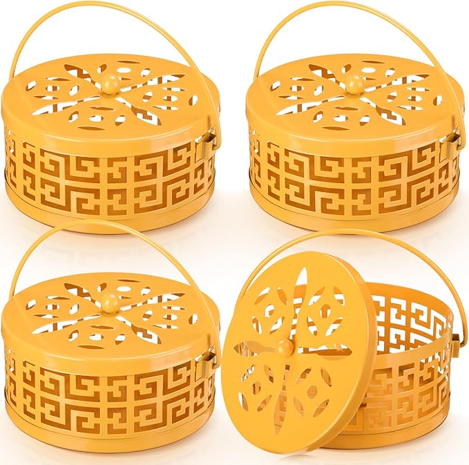 Lallisa 4 Pieces Mosquito Coil Holder Incense Coil Holder Round Retro Portable Metal Hanging Incense Burner with Handle for Home Camping Indoor Outdoor Patio(Yellow)