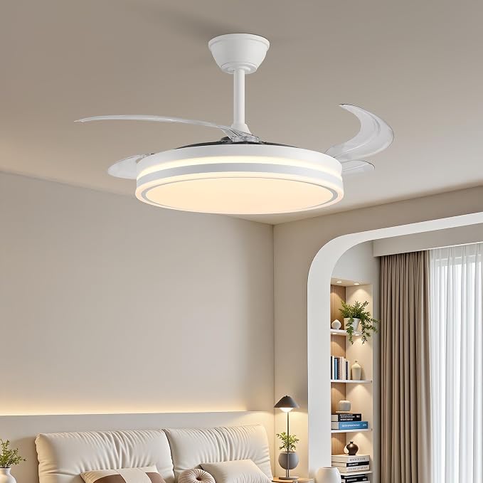 Retractable Ceiling Fans with Lights and Remote, 42 Inch White Chandelier LED Fan, 20W Energy Saving,Memory Function,Timer Setting,Ultra Quiet Invisible Blades Fan for Kitchen, Bedroom