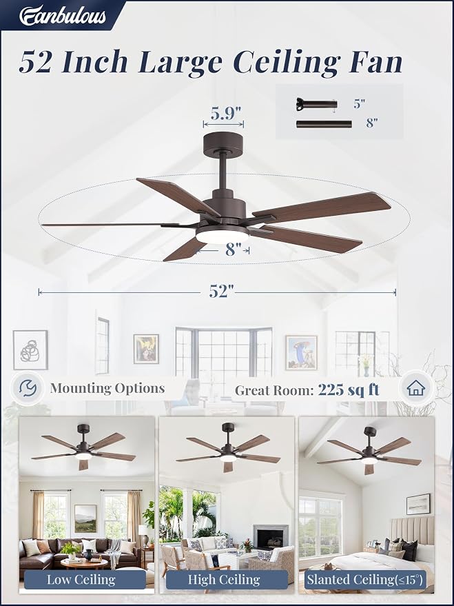 52 Inch Ceiling Fan with Light and Remote, 6 Speeds Reversible DC Motor Ceiling Fans for Bedroom Living Room Patio, 3CCT Dimmable LED, 5 Wood Blades, Downrod Mount, Sloped Ceiling Compatible