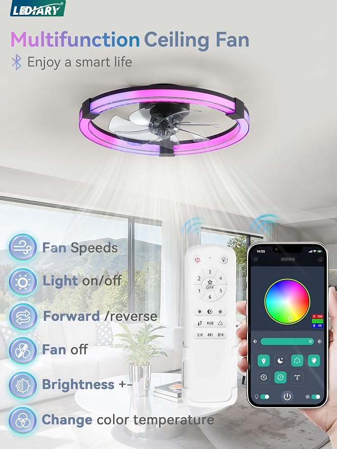 LEDIARY Ceiling Fan with Light,20inch Low Profile Fandelier with Remote RGB | Black RGB,6 Speeds, Reversible DC Motor, Dimmable Flush Mount Fan Light, Modern fans for Bedroom