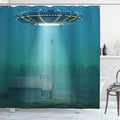 Ambesonne Outer Space Shower Curtain, Surreal Image of Visitor UFO Abduction of Humans in a Field at Foggy Misty Night, Cloth Fabric Bathroom Decor Set with Hooks, 69" W x 75" L, Teal White