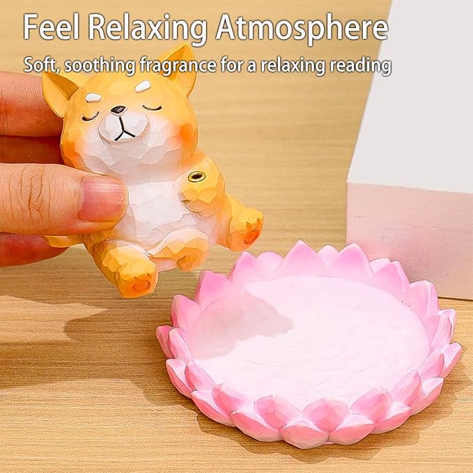 Dog Lotus Incense Holder Cute Shiba Inu Animal Figurine Incense Burner Flower Stand Ash Catcher Creative Cartoon Resin Dog Statue for Home Room Decor Meditation Yoga Spa