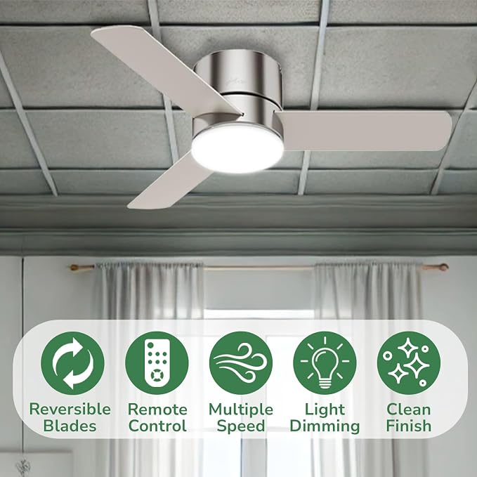 Hunter Minimus, Indoor, Ceiling Fan, Modern, Quiet, 44 inch, Brushed Nickel | with LED Light, Low Profile Flush Mount, Remote Control, 3 Blades, For Bedroom, Living Room, 59454