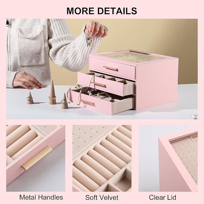 Frebeauty Jewelry Box for Women,Clear Lid Jewelry Organizer with 3 Drawers | Faux Leather,Velvet Lining,3 Layers,Jewelry Storage for Ring Earring Stud,Dustproof Design,Gift Choice,Golden Stylish Handle
