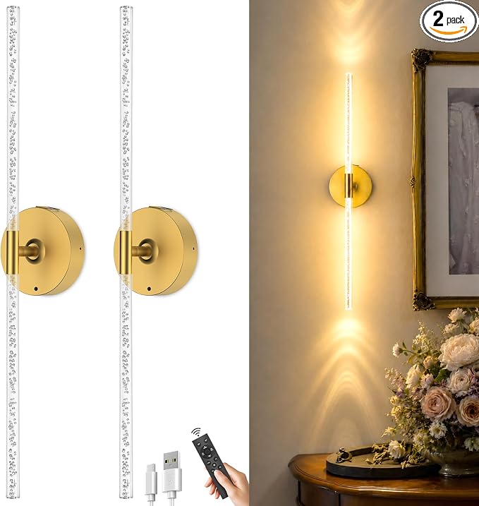 Rechargeable Wall Lights Battery Operated Sconce 2Pack(Gold Bubble Crystal)