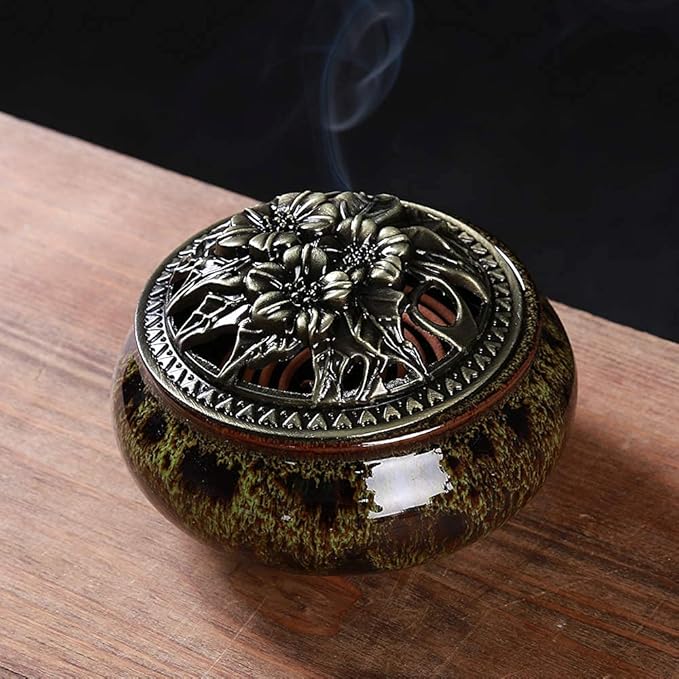 Incense Burner with Calabash Incense Stick Holder - Porcelain Charcoal Censer for Use with Resin Granular Powder Cone or Coil Incense (Fambe Green)
