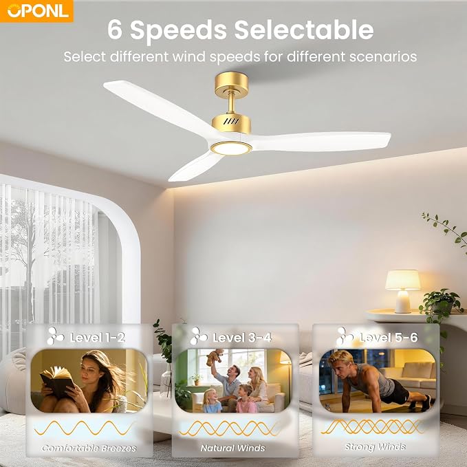 OPONL Ceiling Fan with Light, Ceiling fan with Light and Remote Control, Reversible, 6CCT, Dimmable, Noiseless, Ceiling Fan for Bedroom, Indoor/Outdoor Use, White, 52 inch, Wood