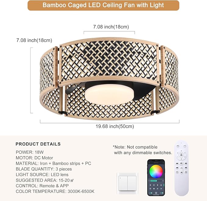 Ganeed 20" Boho Caged Fandelier with Lights, 18W Dimmable LED Rattan Ceiling Fan with Lights and Remote Control, Enclosed 6 Speeds RGB Low Profile Bamboo Fan Light for Bedroom, Living Room, Kitchen