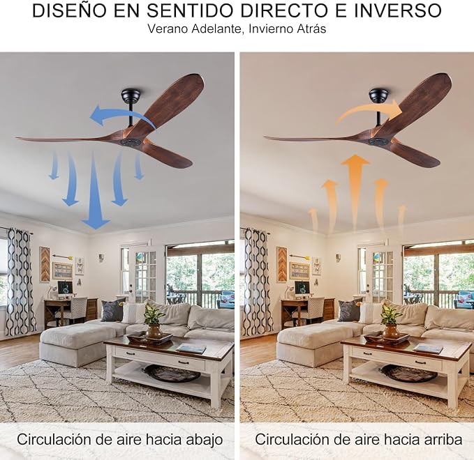 Ceiling Fans without Lights, 60 Inch Wood Ceiling Fan no Light with Remote, Outdoor Ceiling Fan for Living Room, Patio, Porch, 6 Speeds, Quiet DC Motor(Deep Walnut Blades)