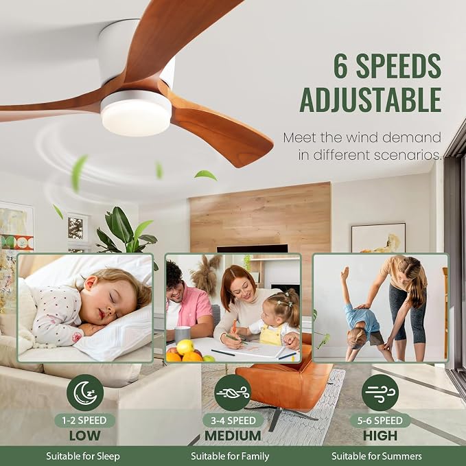 GESUM 42" Flush Mount Ceiling Fan with Lights3 Wood Blades, Reversible,Dimmable, Low Profile Ceiling Fan with Remote Control for Living Room Kitchen Bedroom(White+Wood)