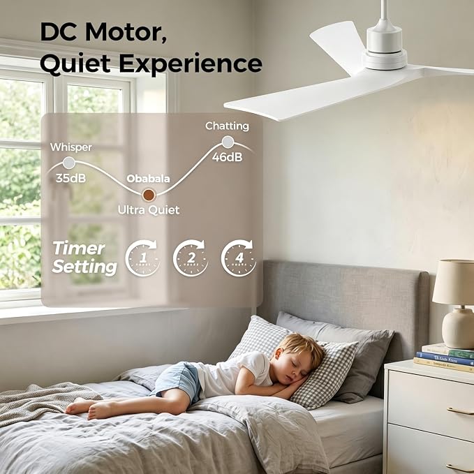 Obabala Ceiling Fan 52 Inch with Remote, Solid Wood Blades DC Motor 5000 CFM Quiet 35dB, Reversible 6 Speed Modern Farmhouse for Bedroom Living Room Indoor Outdoor, No Light with Downrod