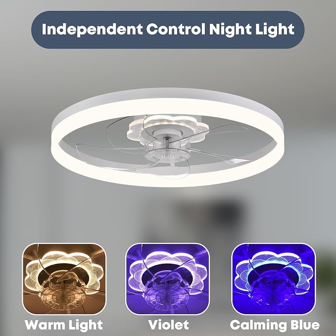 FSZDORJ 24'' Ceiling Fan with Light and Remote, Low Profile Ceiling Fan with Light, Dimmable Flush Mount Ceiling Fan Light, 6 Speeds Fan, App&Remote Control, Fandelier Quiet Fan for Bedroom F115 Black