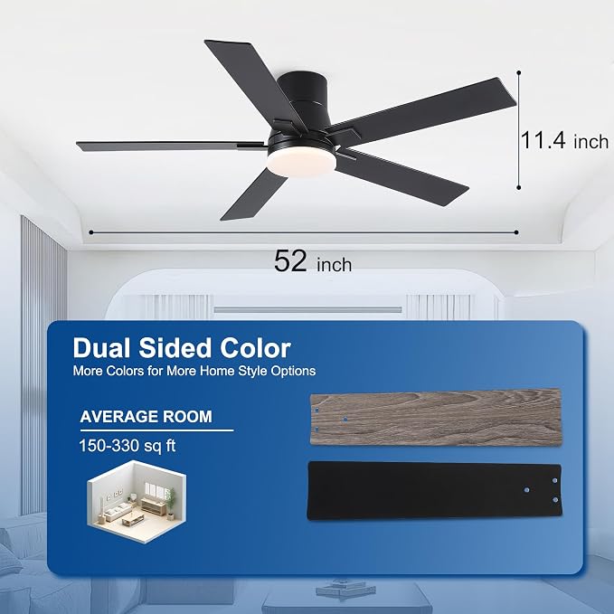 Rayqueen 52 Inch Flush Mount Black Ceiling Fans with Lights and Remote | 6 Speed Reversible DC motor,3-color temperature dimmable LED.For indoor/covered outdoor.Modern style for bedroom room