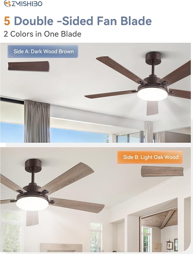 52 Inch Ceiling Fan with Remote, Indoor/Outdoor Brown Ceiling Fan with Large LED Panel, Quiet Reversible DC Motor, 6-Speed, 3000-6500K Stepless Dimming, Farmhouse Ceiling Fan for Bedroom, Living Room