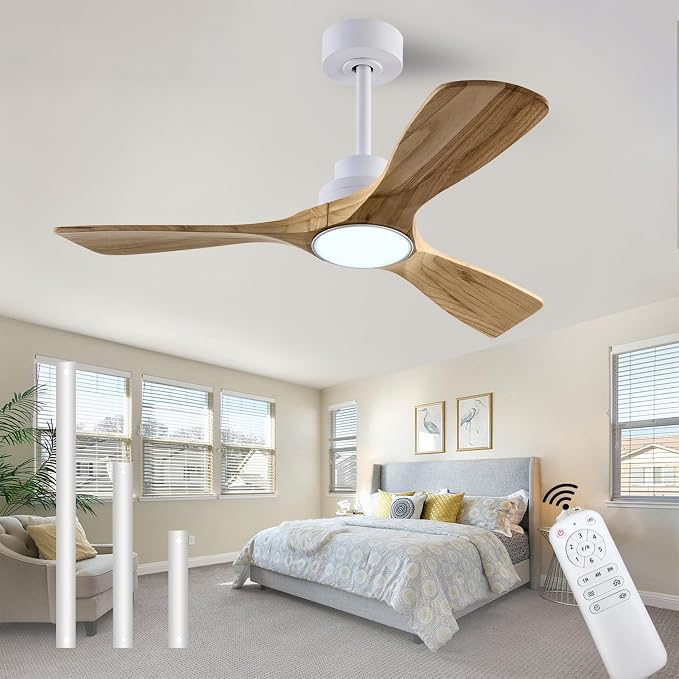 QUTWOB 42" Wood Ceiling Fan with Light, Reversible DC Motor, Remote Control | solid wood blades, quiet 6-speed reversible dc inverter motor, remote control, 3-color led, for indoor outdoor patio bedroom