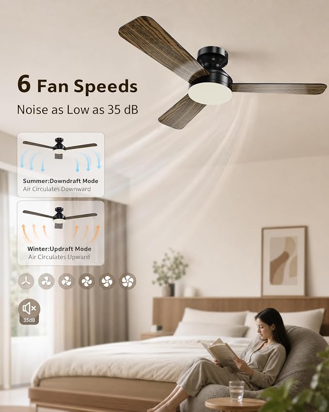 Ceiling Fans with Lights, 52 Inch Brown Indoor Fan with Remote and App Control, Dimmable LED Light, 6 Speeds, Reversible Airflow, Low Noise for Bedroom Living Room Kitchen