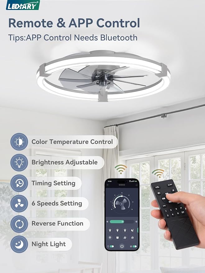 LEDIARY Ceiling Fans with Lights, 23 Inch Low Profile Ceiling Fan with Remote, 6 Speeds, Reversible, Dimmable Flush Mount Fan Light, Modern Fandelier Ceiling Fan with Lights for Bedroom, Grey