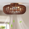 20" Wood Ceiling Fans with Lights Flush Mount, Caged Farmhouse Rustic Ceiling Fan with Light Remote Control, Wooden Low Profile for Bedroom, Living Room, Nursery