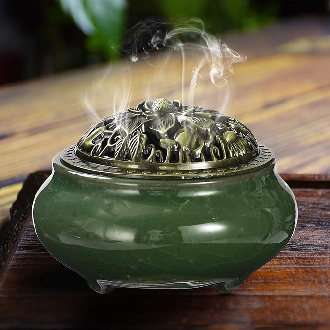 Miupoo Stick Incense Burner and Cone Incense Holder with Brass Incense Stick Holder Ceramic Ash Catcher (Dark Green)