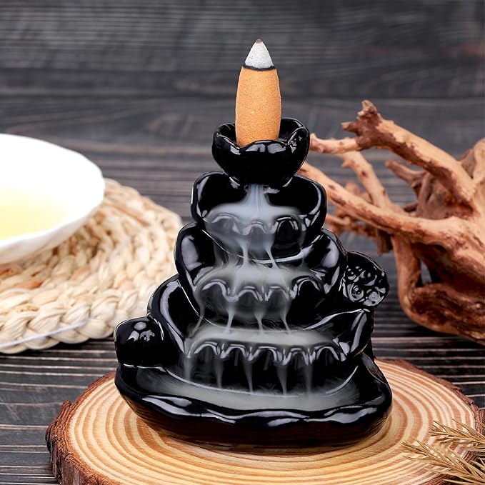 Ceramic Waterfall Incense Burner, Backflow Incense Holder, Incense Cone Burner for Yoga Meditation and Home Decor (Lotus Leaf)