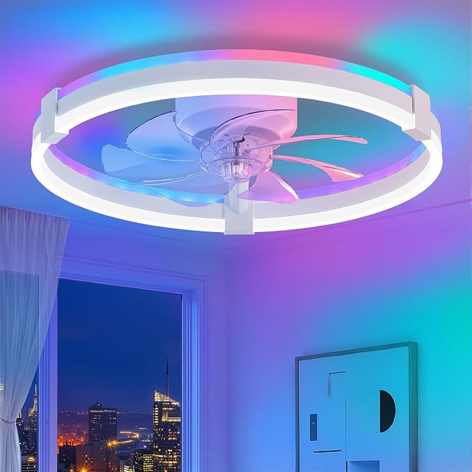 ZMISHIBO RGB Ceiling Fans with Lights and Remote, 20 inch Low Profile Ceiling Fan with Light, 3000K-6000K Dimmable & RGB, Modern Fandelier Flush Mount Ceiling Fan, Small LED Fan for Bedroom
