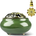 Ceramic Incense Burner, Bowl Burner,Cone Incense Burner with Brass lid for use with Stick or Cone-Shaped Incense，Lotus Incense Stick Holder Calabash Incense Stick Holder, 3pc (Dark Green)