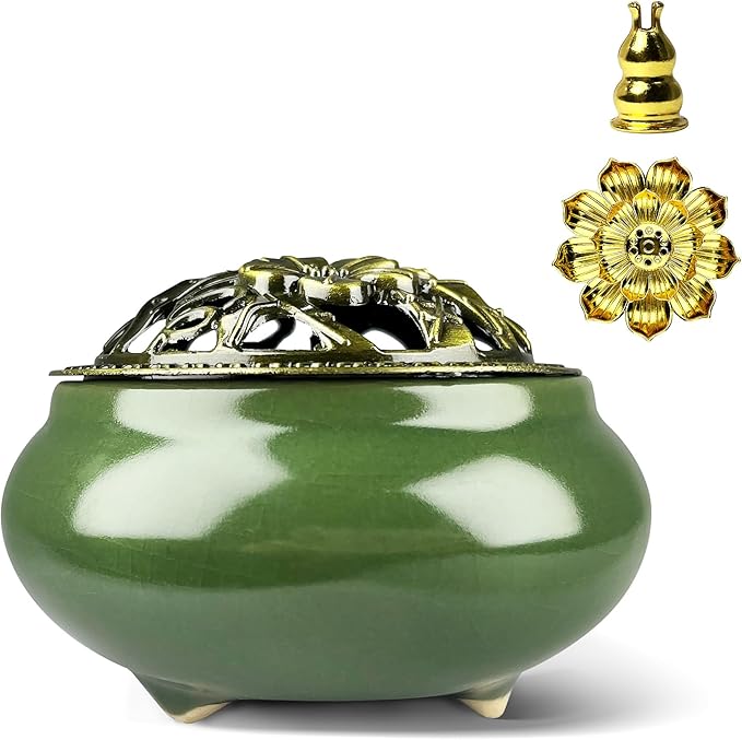 Ceramic Incense Burner, Bowl Burner,Cone Incense Burner with Brass lid for use with Stick or Cone-Shaped Incense，Lotus Incense Stick Holder Calabash Incense Stick Holder, 3pc (Dark Green)